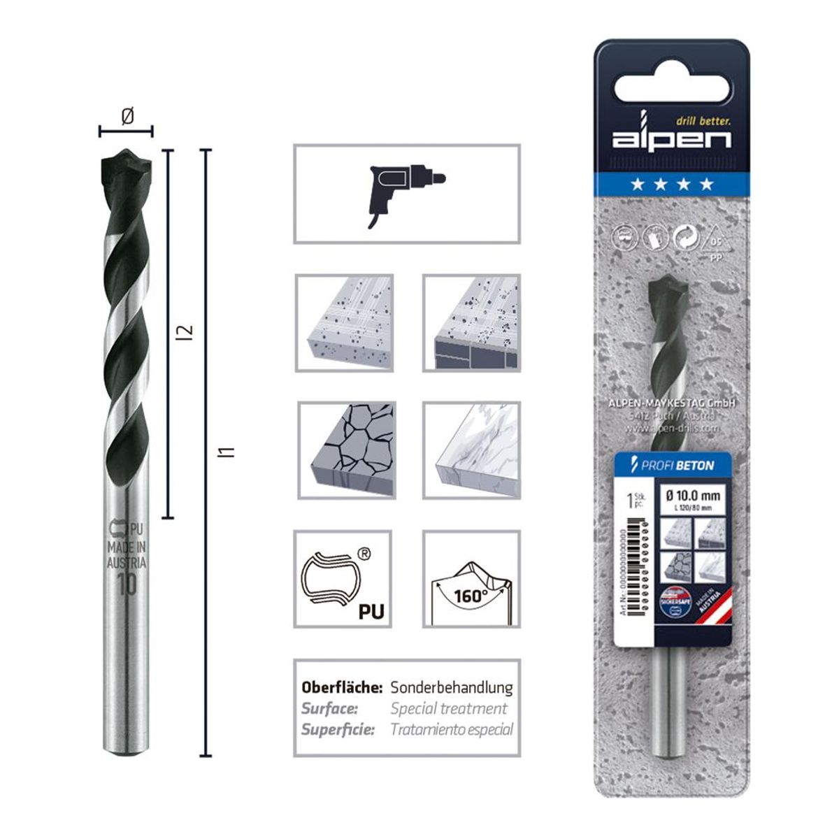 ALPEN - Broca Hormigón. Piedra. Mármol 16 mm Largo 150 mm Profi Beton