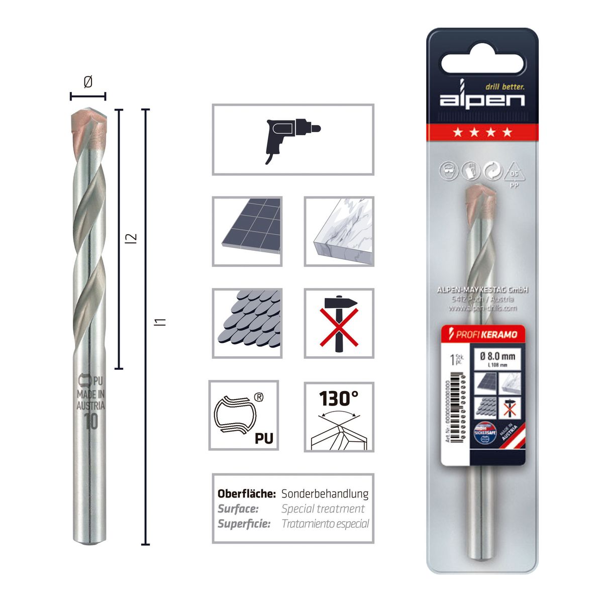 ALPEN - Broca Cerámica 10.0 mm Profi Keramo Largo 120 mm