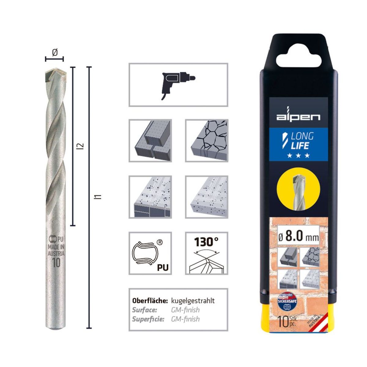 ALPEN - Broca Piedra 12.0 mm Largo 150 mm Granel Long Life