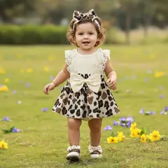 CHINA - Conjunto De Niña Primaveral De 2 Prendas Body Vestido Beige Y Lazo De Animal Print CJ111