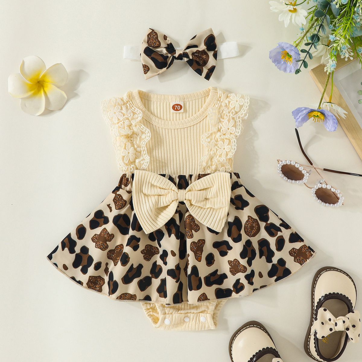 CHINA - Conjunto De Niña Primaveral De 2 Prendas Body Vestido Beige Y Lazo De Animal Print CJ111