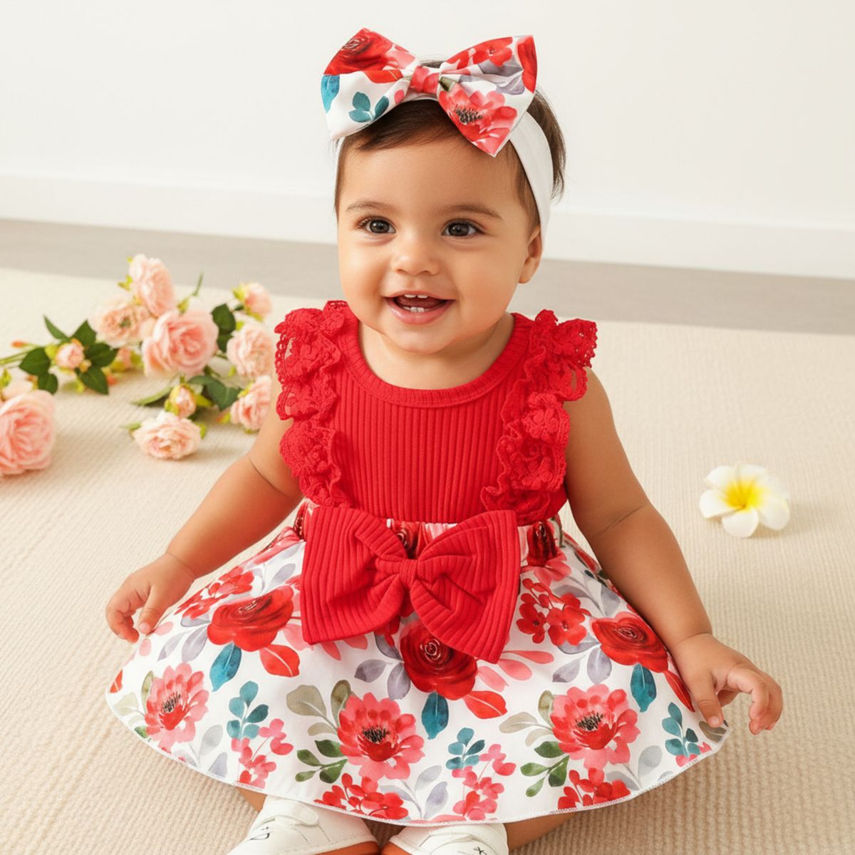 CHINA - Conjunto De Niña Primaveral De 2 Prendas Body Rojo Y Lazo Estampado Floral CJ111