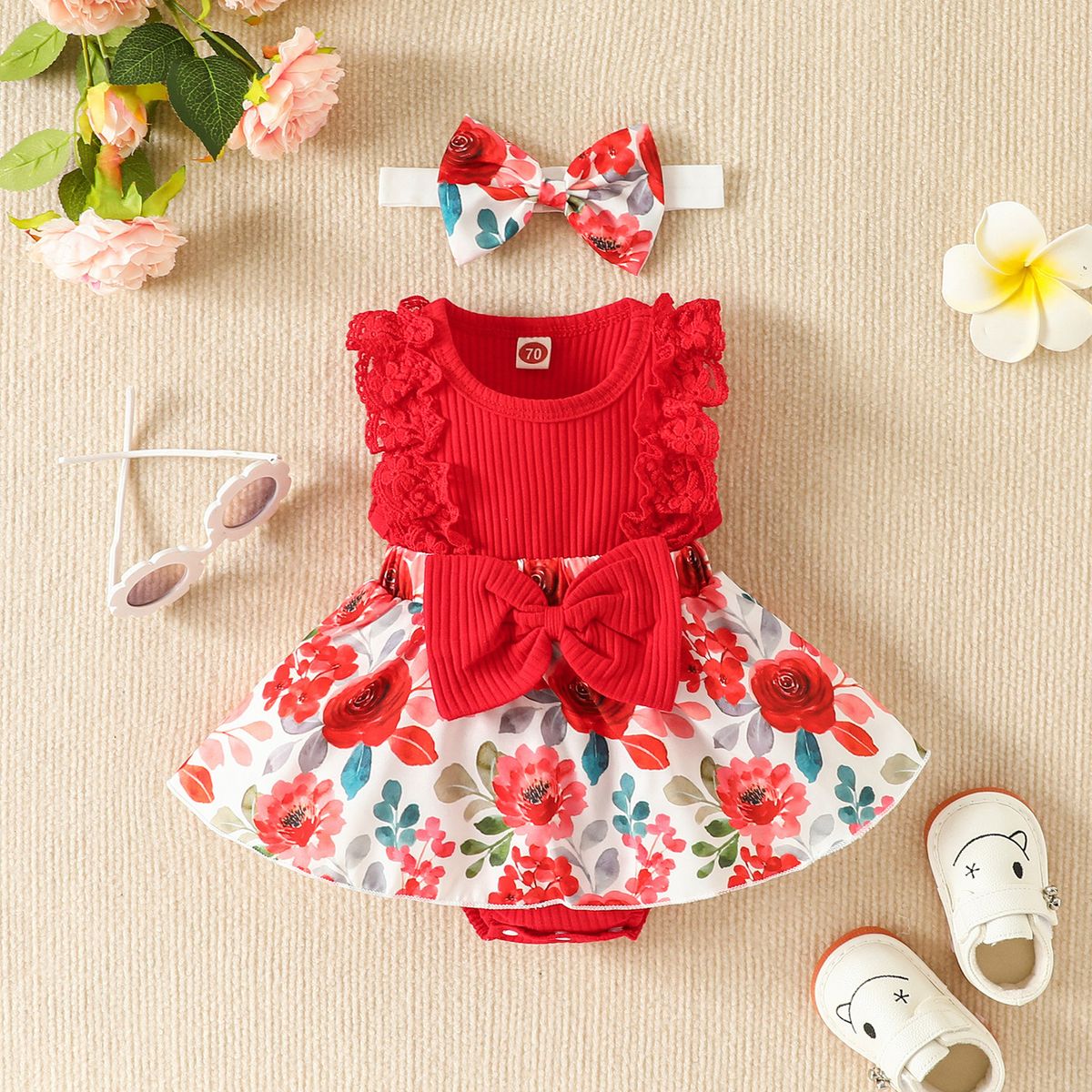 CHINA - Conjunto De Niña Primaveral De 2 Prendas Body Rojo Y Lazo Estampado Floral CJ111