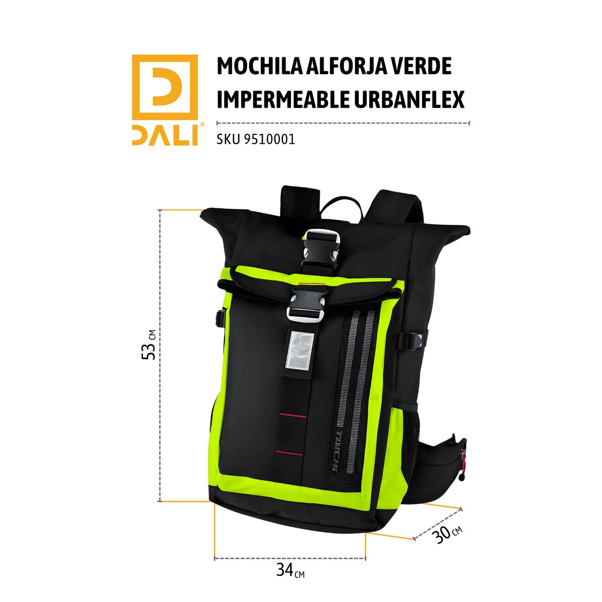 DALI - Mochila Alforja Impermeable UrbanFlex A-5  Roll Up PVC Interior 34×53×30 cm Flexible y Urbana  Color Negro