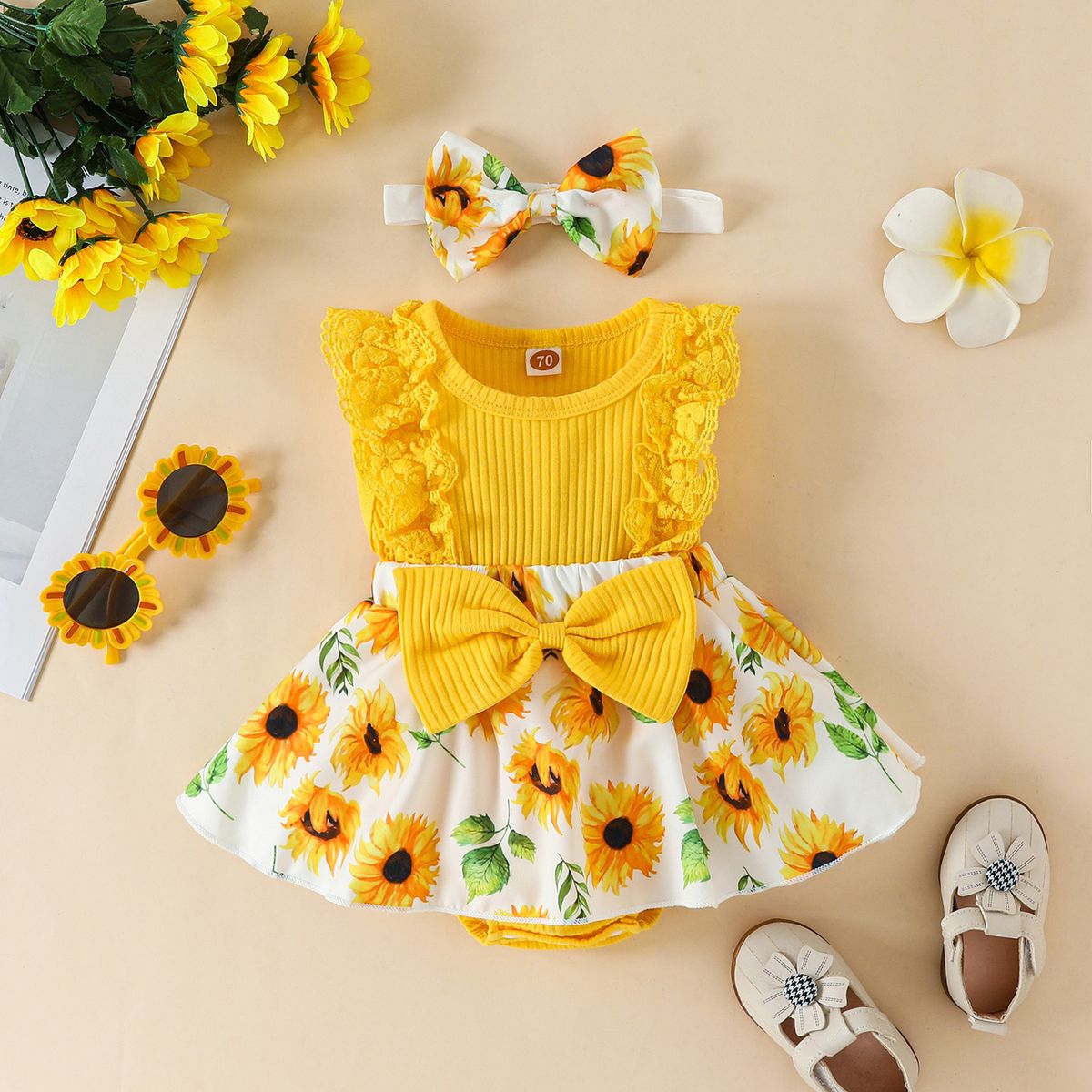 CHINA - Conjunto De Niña Primaveral De 2 Prendas Body Amarillo Y Lazo Estampado De Girasol CJ109