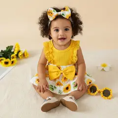 CHINA - Conjunto De Niña Primaveral De 2 Prendas Body Amarillo Y Lazo Estampado De Girasol CJ109