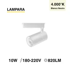 DEMASLED - Lámpara LED Track Light de 5x10cm 10W 820lm Blanco Neutro 220V