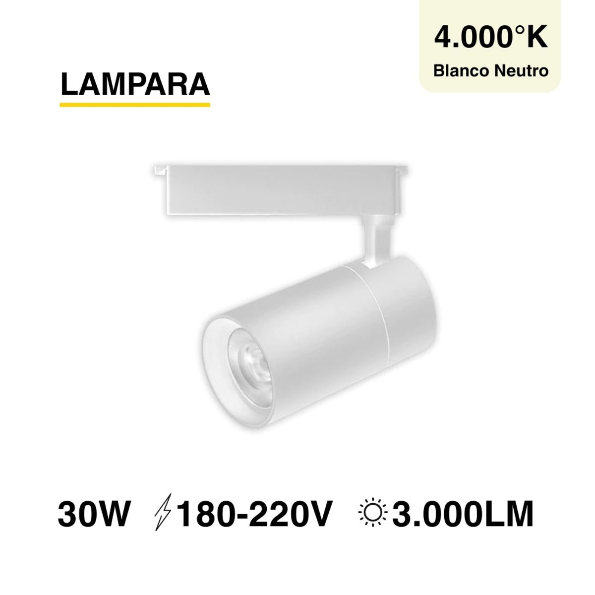 Lámpara LED Track Light de 8x15cm 30W 3000lm Blanco Neutro 220V, marca DEMASLED - Foto Principal
