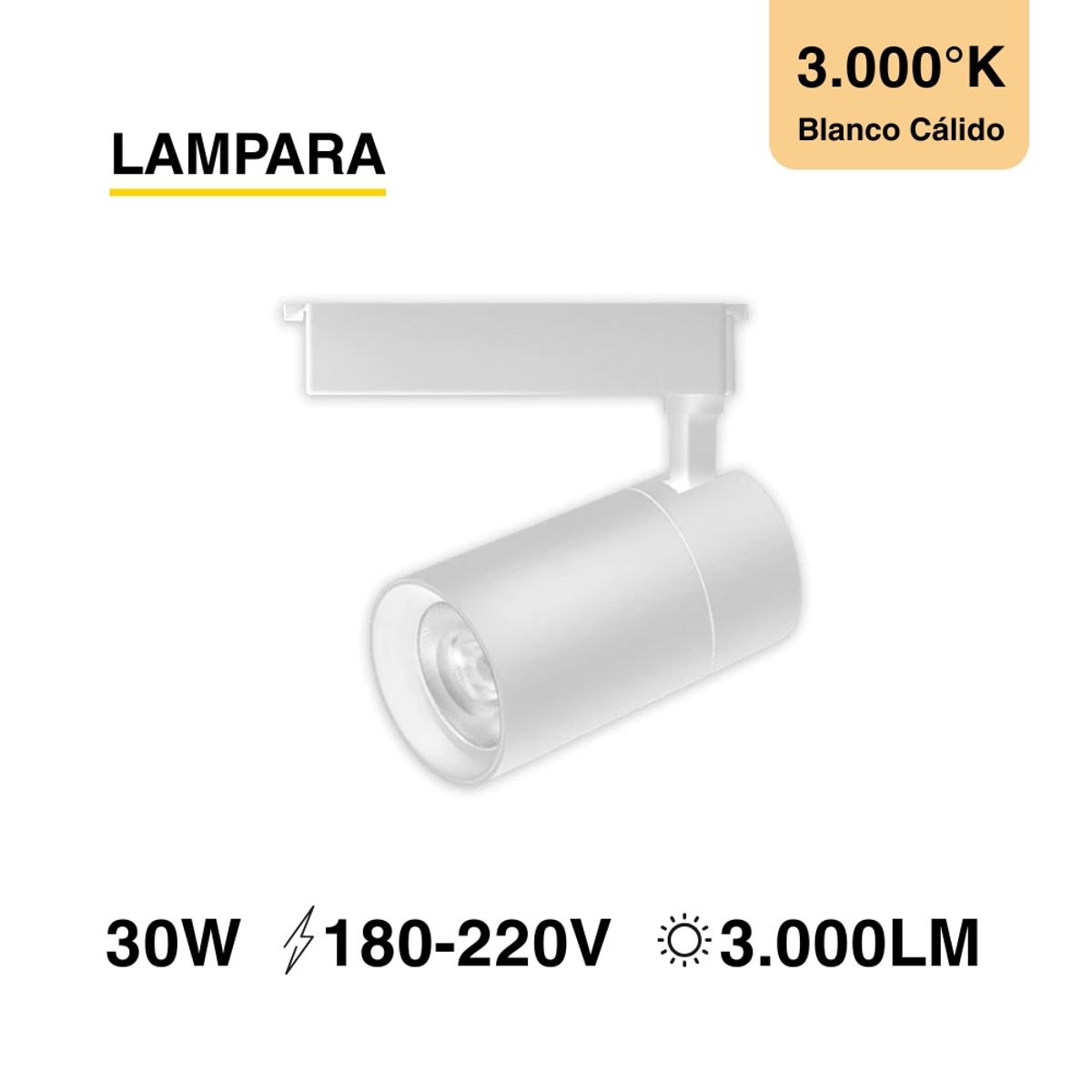 Lámpara LED Track Light de 8x15cm 30W 3000lm Blanco Cálido 220V, marca DEMASLED - Foto Principal