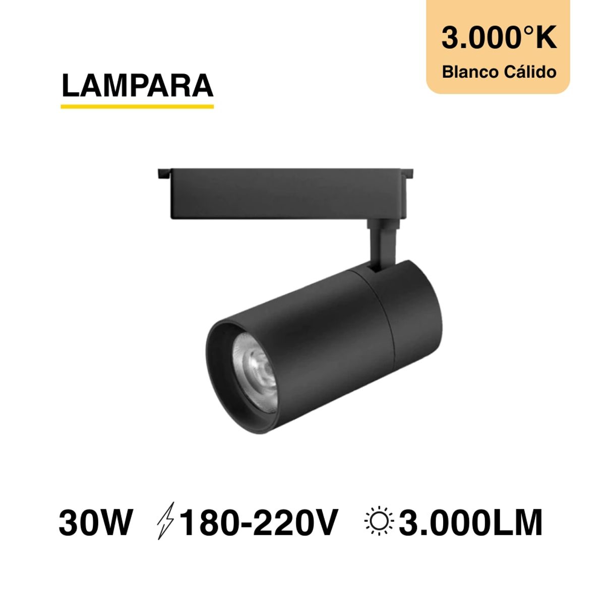 Lámpara LED Track Light de 8x15cm 30W 3000lm Blanco Cálido 220V, marca DEMASLED - Foto Principal