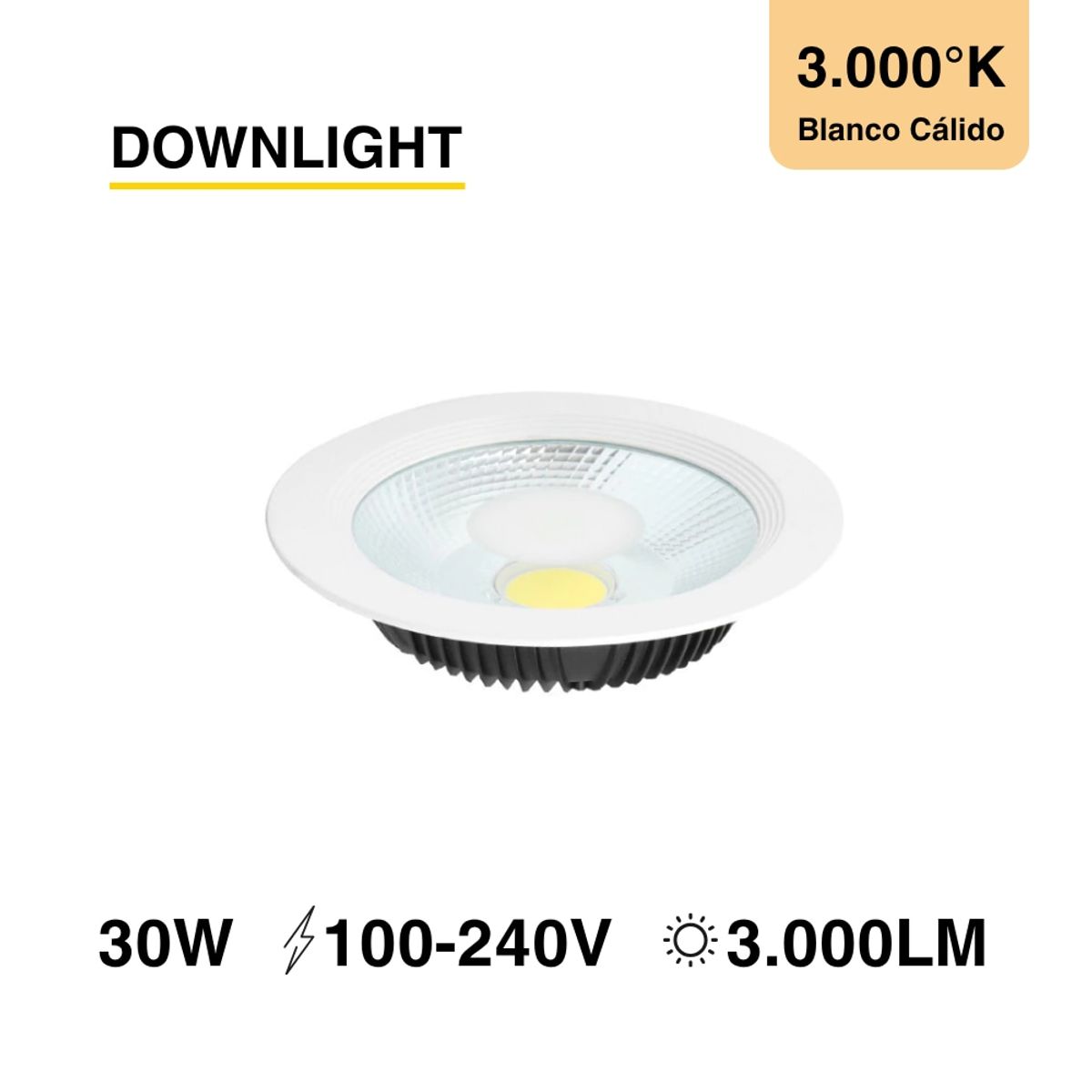 DEMASLED - Downlight LED Blanco Cálido 3000K 3000lm 22cm 30W 100-240V