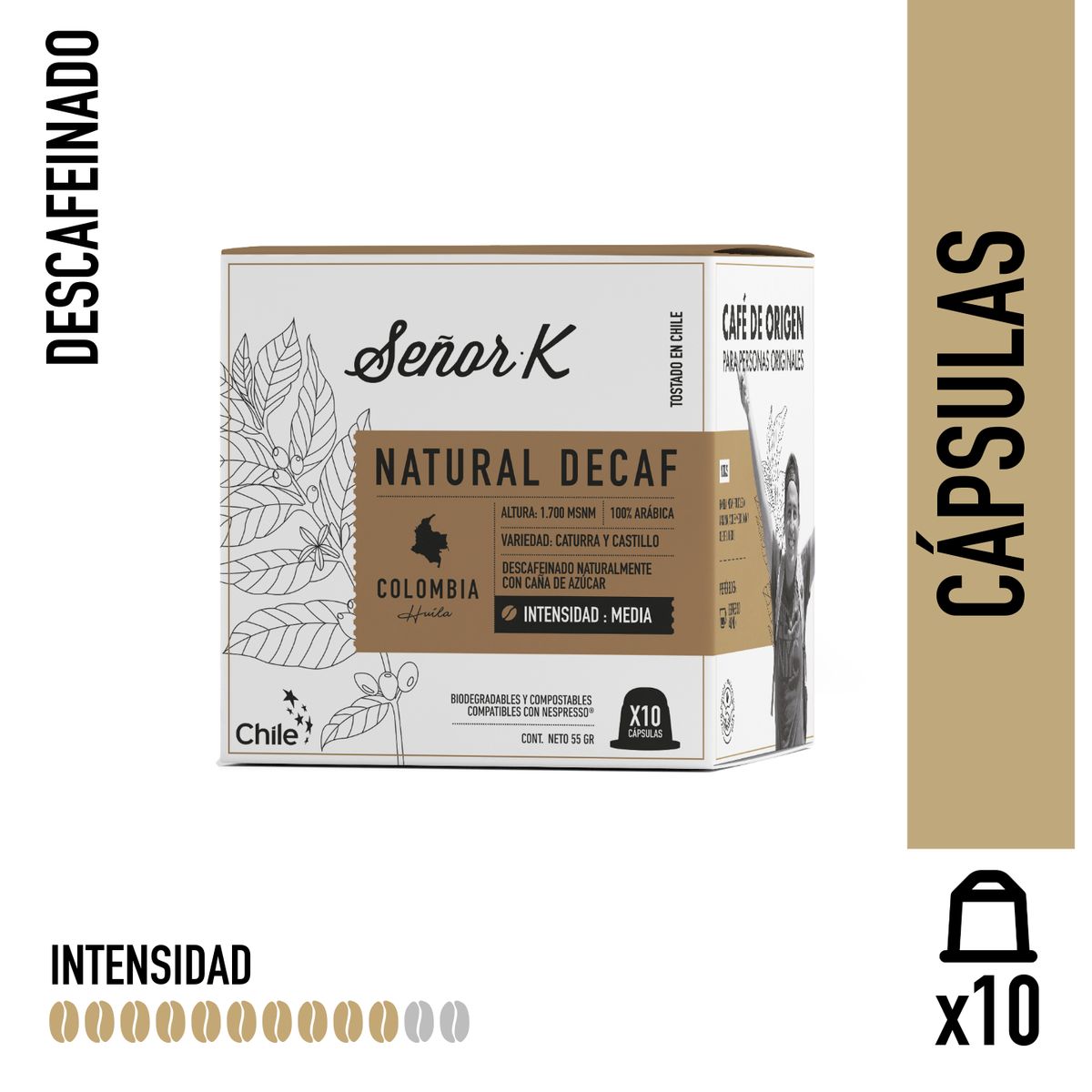 SEÑOR K - Cápsulas Espresso Descafeinado Colombia Señor K 10 Unidades