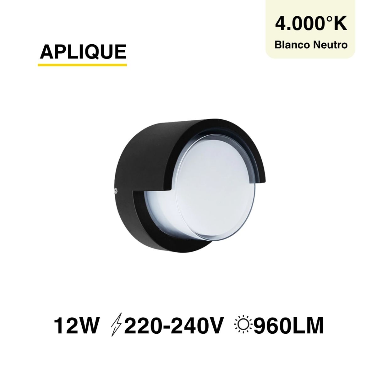 Aplique Redondo Exterior de Muro Negro 12W Blanco Neutro 4000K IP65, marca DEMASLED - Foto Principal