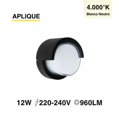 DEMASLED - Aplique Redondo Exterior de Muro Negro 12W Blanco Neutro 4000K IP65
