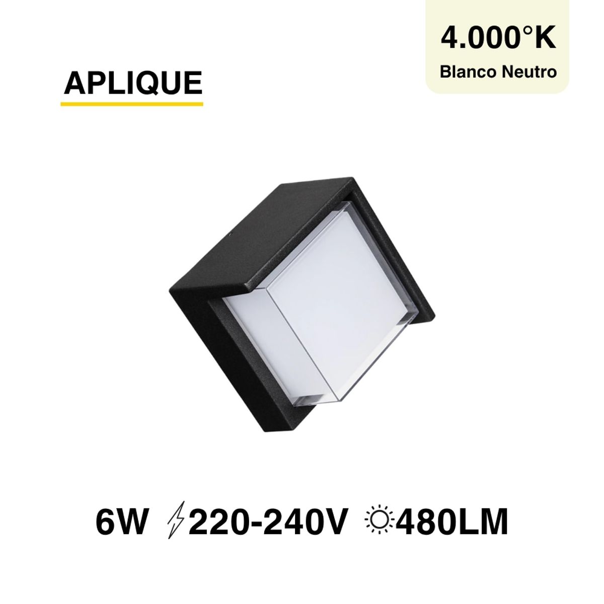 Aplique Exterior de Muro Cuadrado Negro 6W Blanco Neutro 4000K IP65, marca DEMASLED - Foto Principal