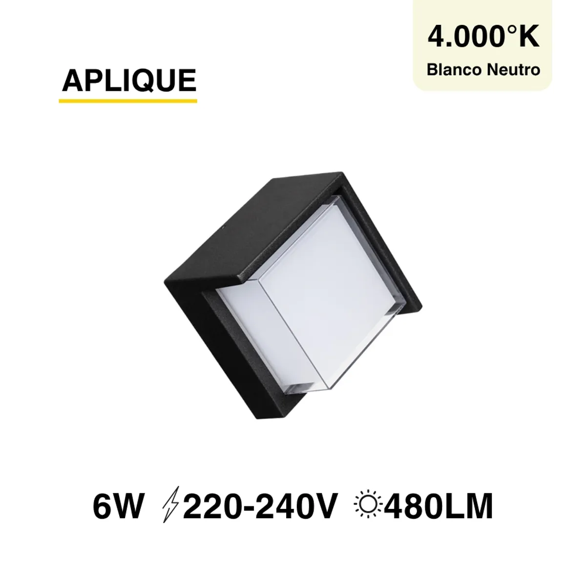 Aplique Exterior de Muro Cuadrado Negro 6W Blanco Neutro 4000K IP65, marca DEMASLED - Foto Principal