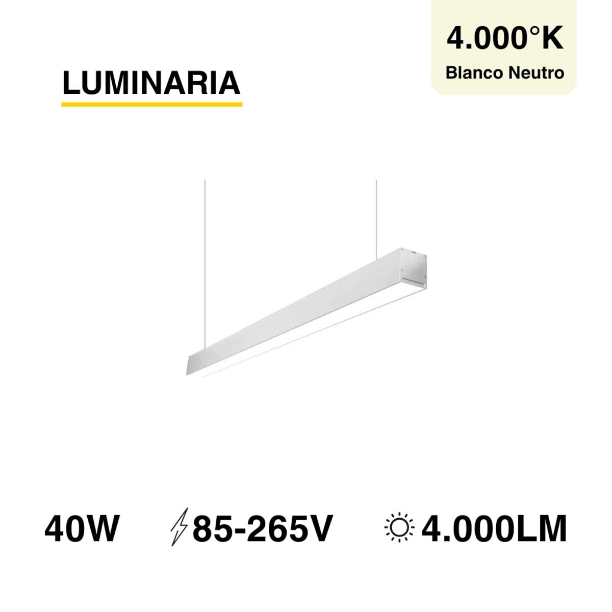 Luminaria lineal LED 40W Cromado Blanco Neutro 4000lm 85-265Vac, marca DEMASLED - Foto Principal