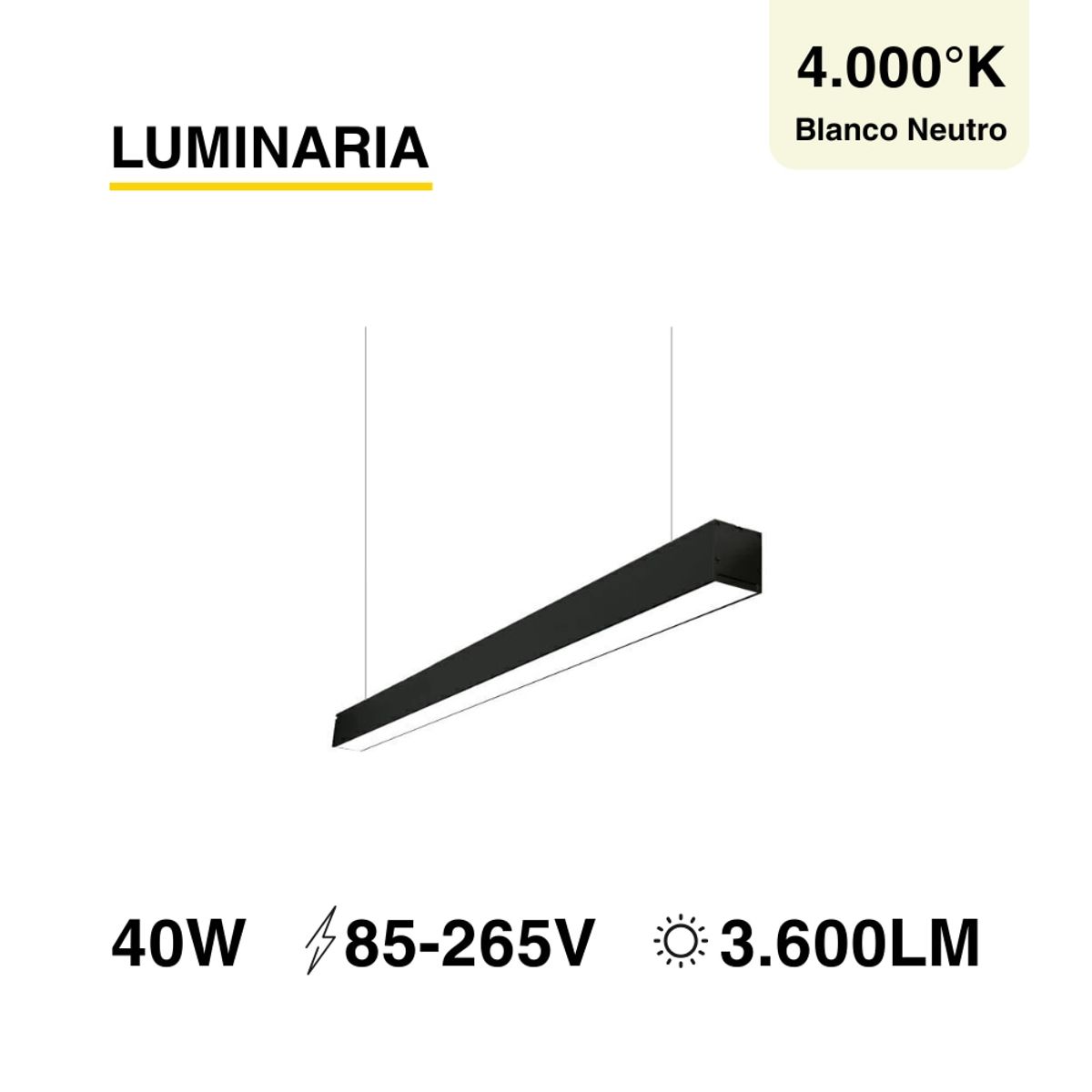 Luminaria lineal LED 40W Negro Blanco Neutro 3600lm 85-265Vac, marca DEMASLED - Foto Principal