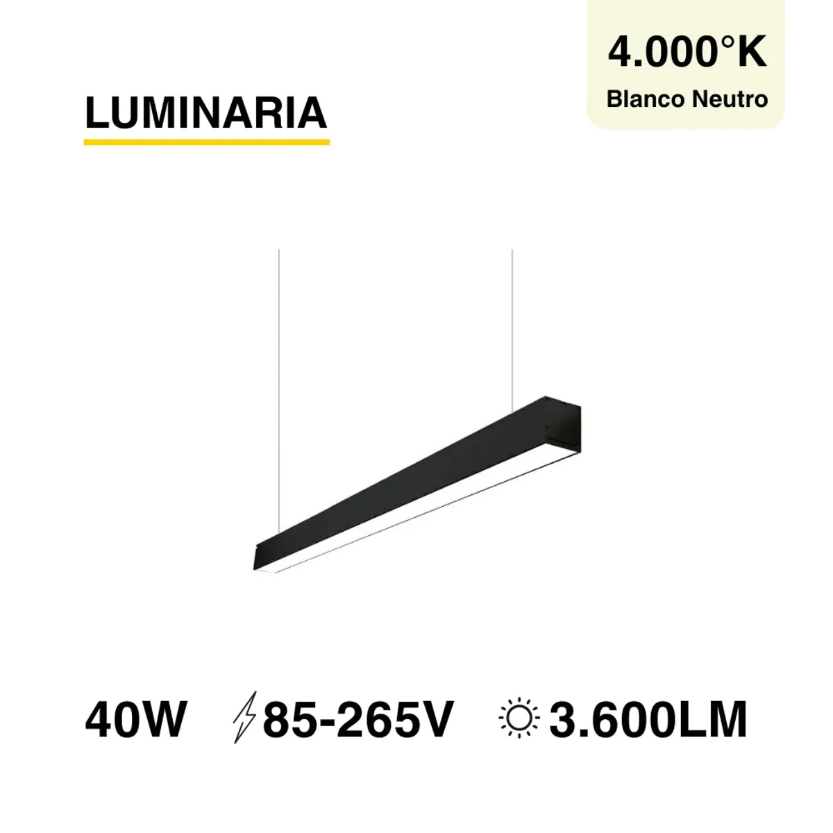 Luminaria lineal LED 40W Negro Blanco Neutro 3600lm 85-265Vac, marca DEMASLED - Foto Principal