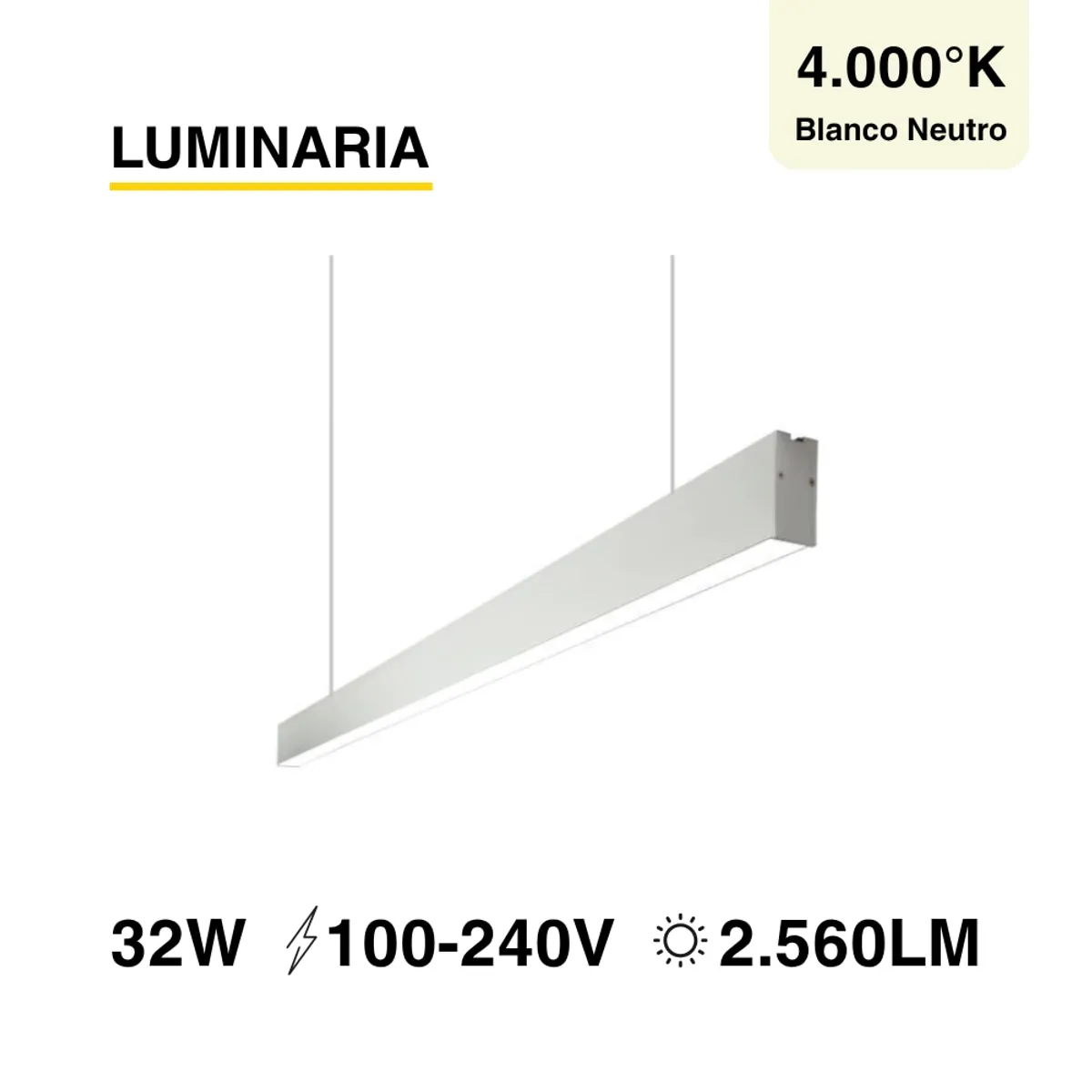 DEMASLED - Luminaria lineal LED 32W Cromado Blanco Neutro 2560lm 100-240V