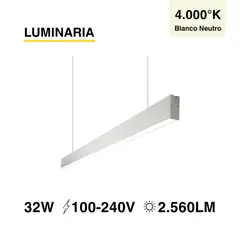 DEMASLED - Luminaria lineal LED 32W Cromado Blanco Neutro 2560lm 100-240V