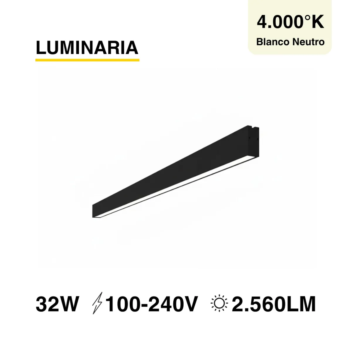 Luminaria lineal LED 32W Negro Blanco Neutro 2560lm 100-240V, marca DEMASLED - Foto Principal