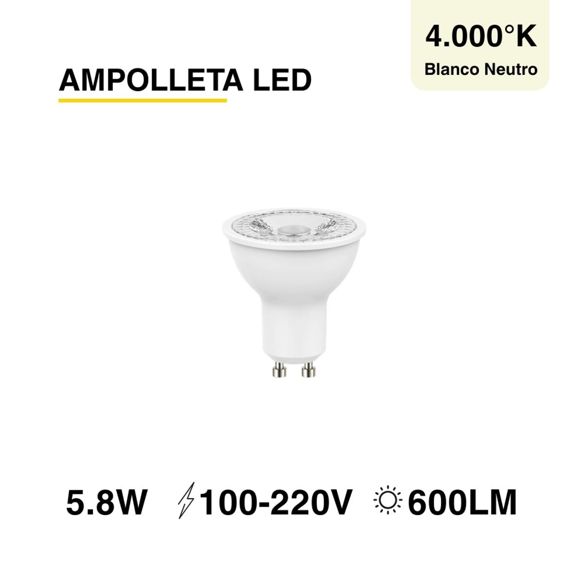 Ampolleta LED GU10 220V 58W Blanco Neutro 600lm SEC, marca DEMASLED - Foto 2