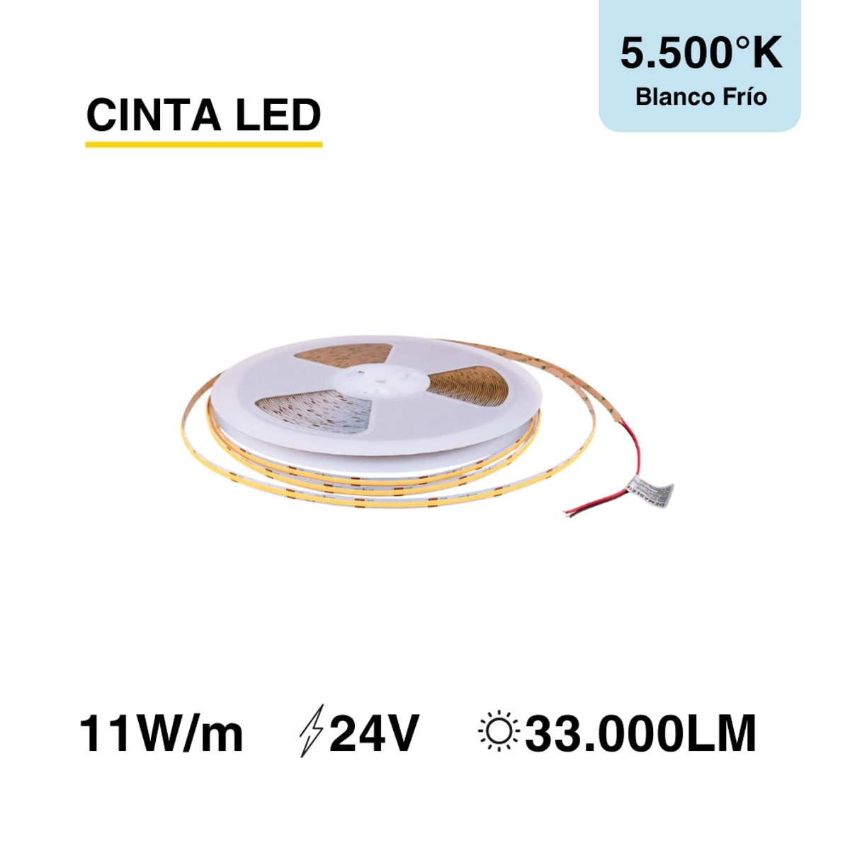 DEMASLED - Cinta LED COB 24V 11Wm Blanco Frío 1100lmm 480 LEDsm 8mm 30m