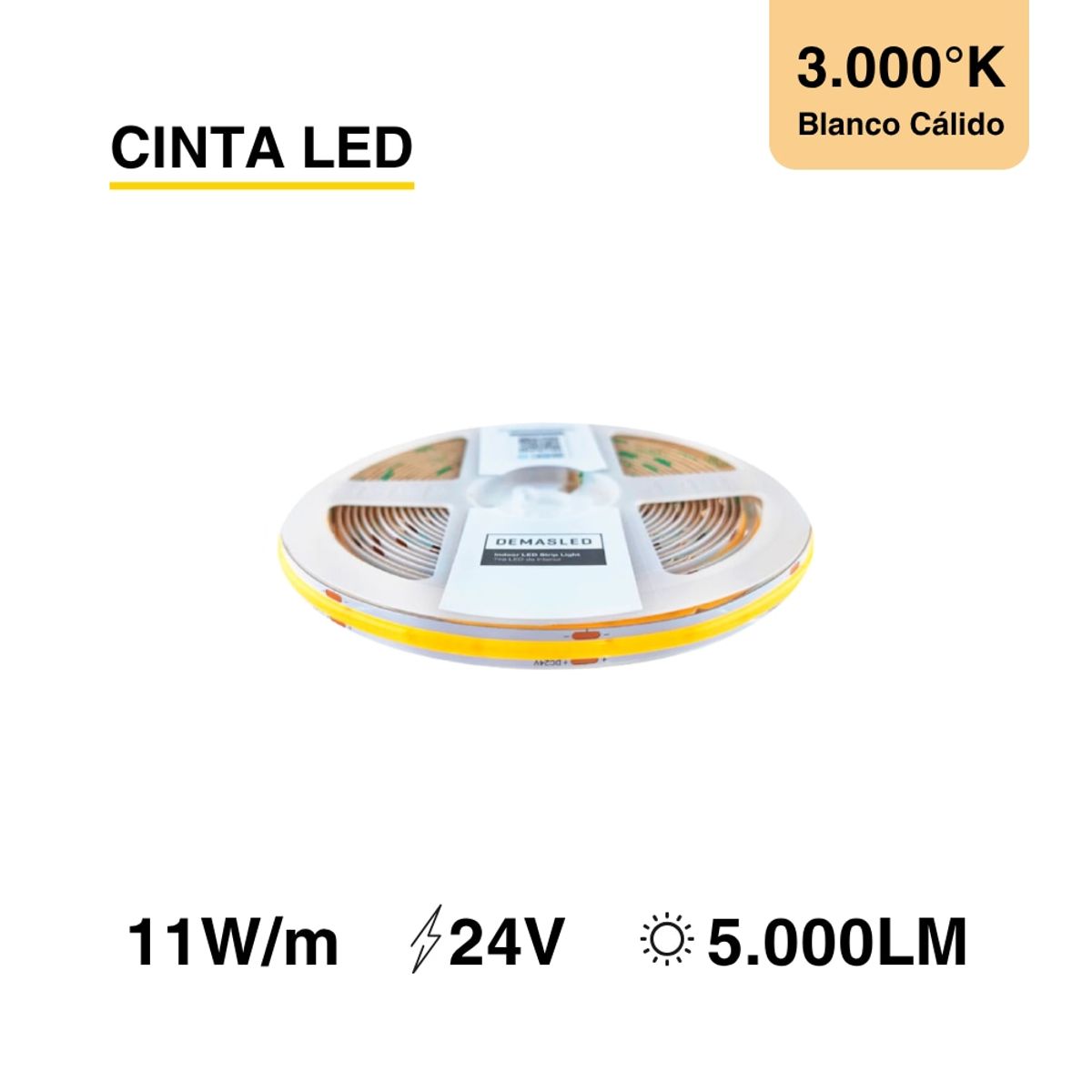 DEMASLED - Cinta LED COB 24V 11Wm Blanco Cálido 1000lmm 480LEDsm 8mm 5m SEC