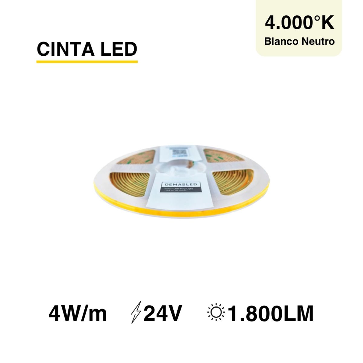 DEMASLED - Cinta LED COB 24V 4Wm Blanco Neutro 400lmm 504 LEDsm 3mm PCB IP33 x 5m
