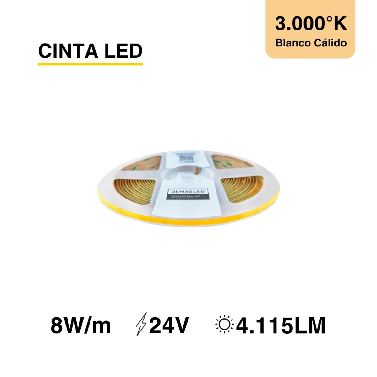 DEMASLED - Cinta LED COB 24V 6Wm Blanco Cálido 540lmm 504 LEDsm 5mm PCB IP33 x5m