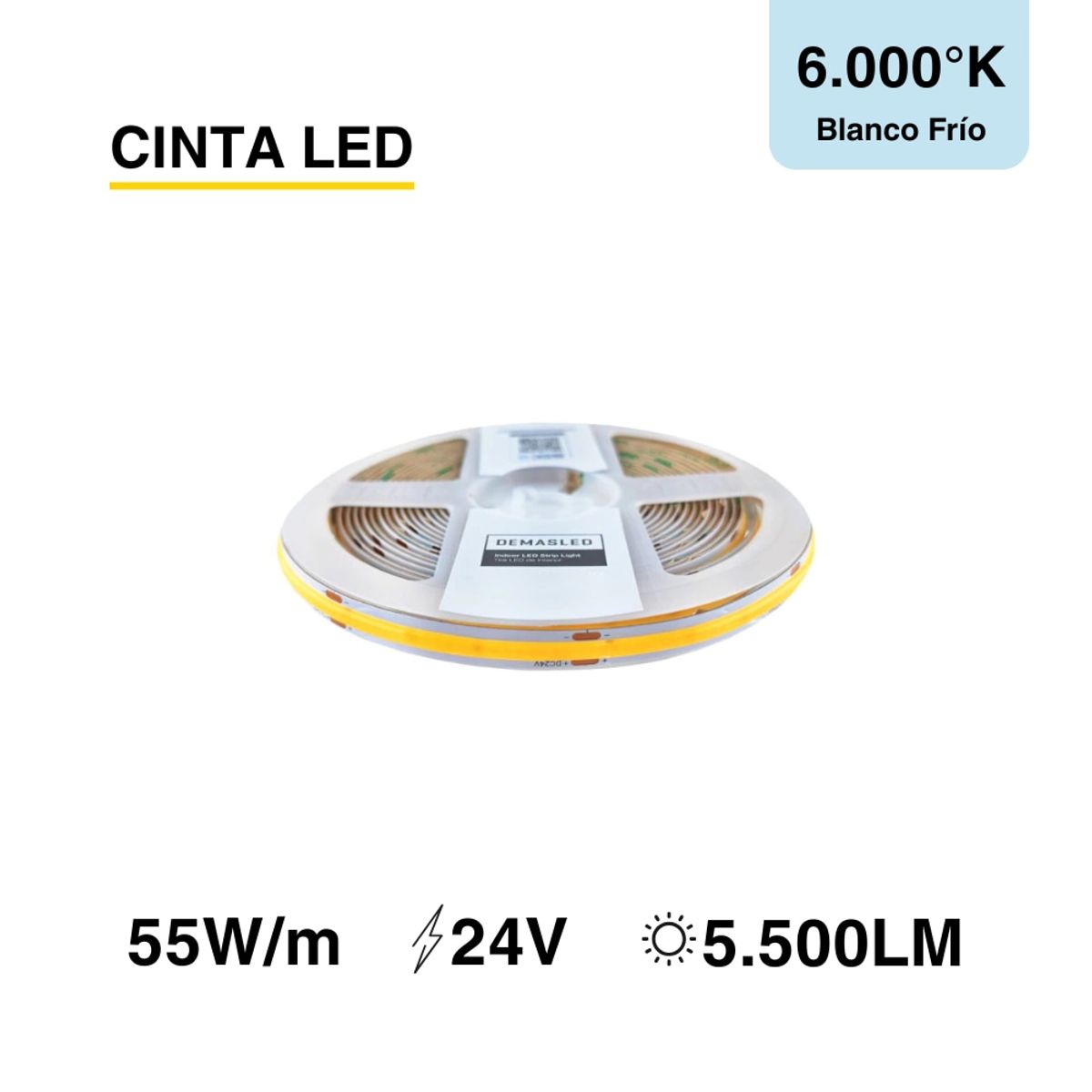 DEMASLED - Cinta LED COB 24V 11Wm Blanco Frío 1100lmm 480 LEDsm 8mm IP65 5m