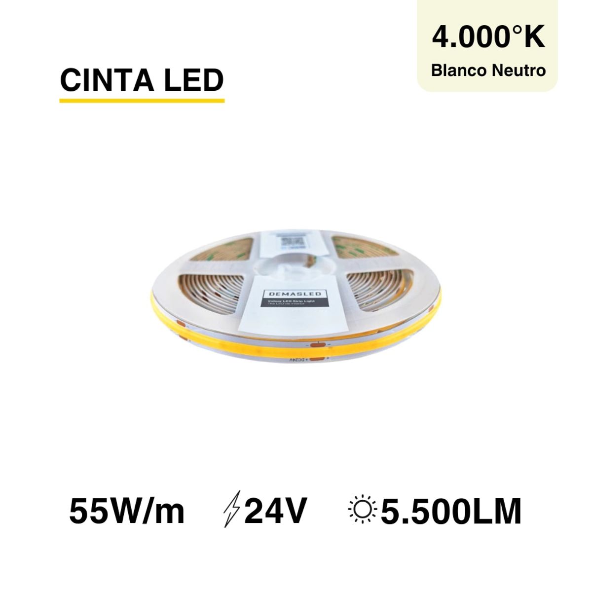 DEMASLED - Cinta LED COB 24V 11Wm Blanco Neutro 1100lmm 480LEDsm 8mm IP65 5m