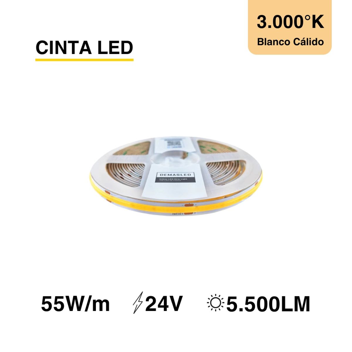 DEMASLED - Cinta LED COB 24V 11Wm Blanco Cálido 1100lmm 480LEDsm 8mm IP65 5m