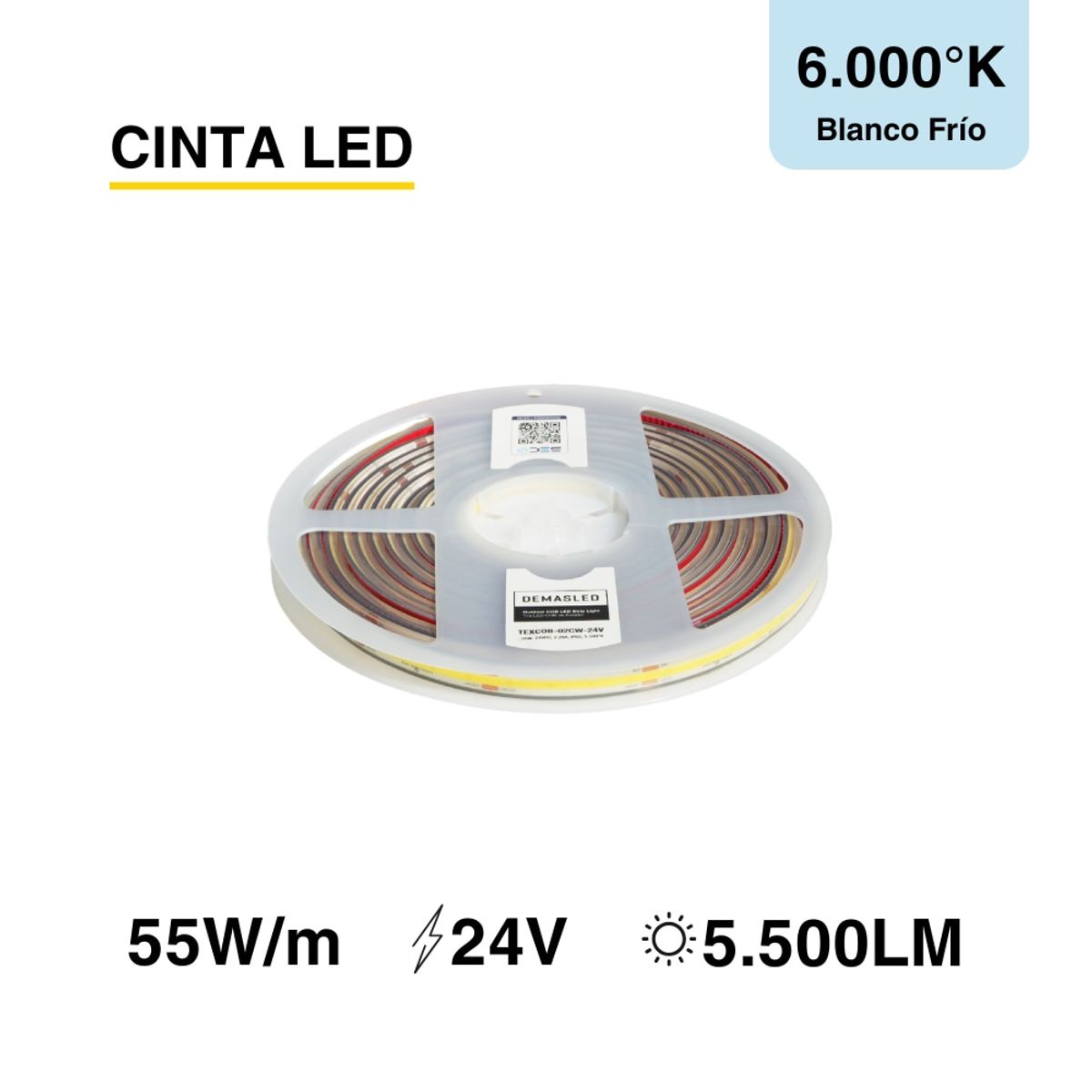 Tira LED COB 24V 11Wm Blanco Frío 1100lmm 480 LEDsm 8mm IP68 5m, marca DEMASLED - Foto 2
