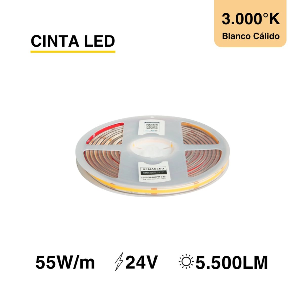 DEMASLED - Tira LED COB 24V 11Wm Blanco Cálido 1100lmm 480 LEDsm 8mm IP68 5m