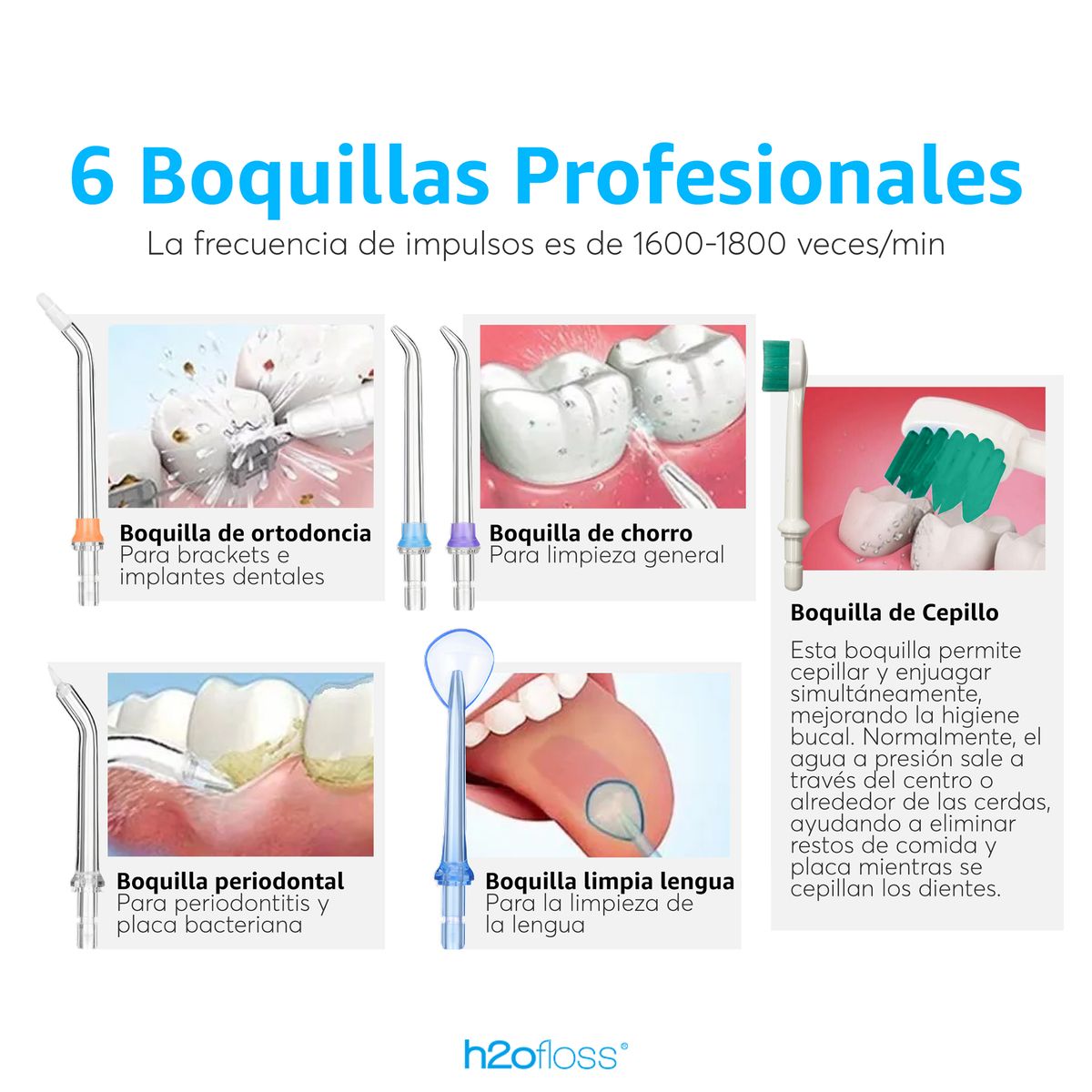 EMETRES - Boquillas Repuesto Para Irrigador Dental + Cable H2ofloss Smilu Portátil Color Transparente