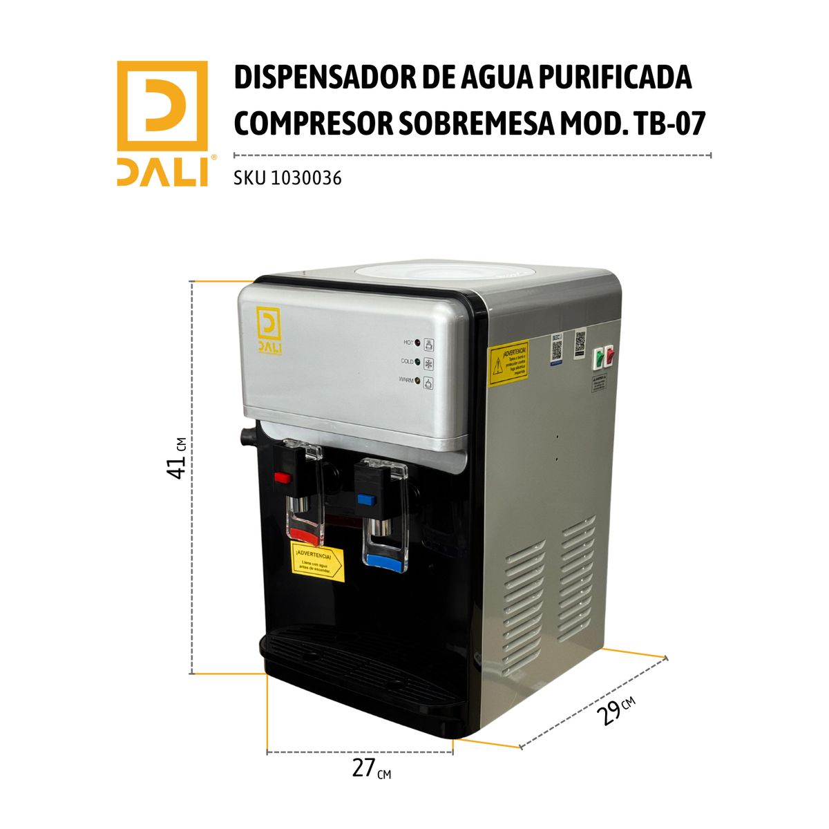 DALI - Dispensador de Agua Purificada con Compresor TB-07  Sobremesa Frío 510°C  Caliente 8590°C 09L15L SEC