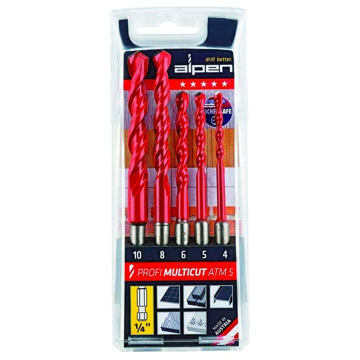 ALPEN - Set 5 Brocas Multimaterial 4/5/6/8/10 mm Toma Hexagonal 1/4'' Profi Multicut