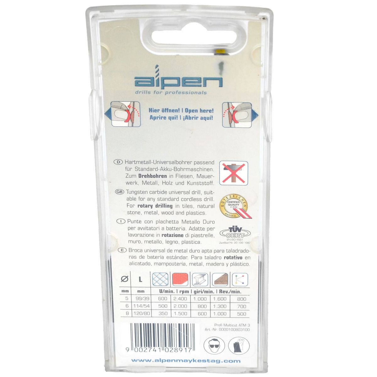 ALPEN - Set 3 Brocas Multimaterial 5/6/8 mm Toma Hexagonal 1/4'' Profi Multicut