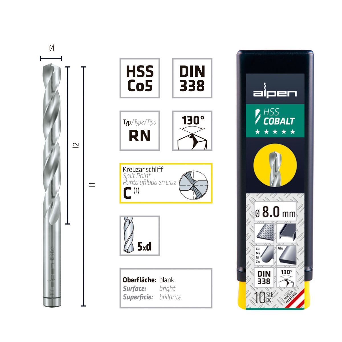 ALPEN - Broca Acero Inox 14.5 mm HSS Cobalto 5% Largo 169 mm