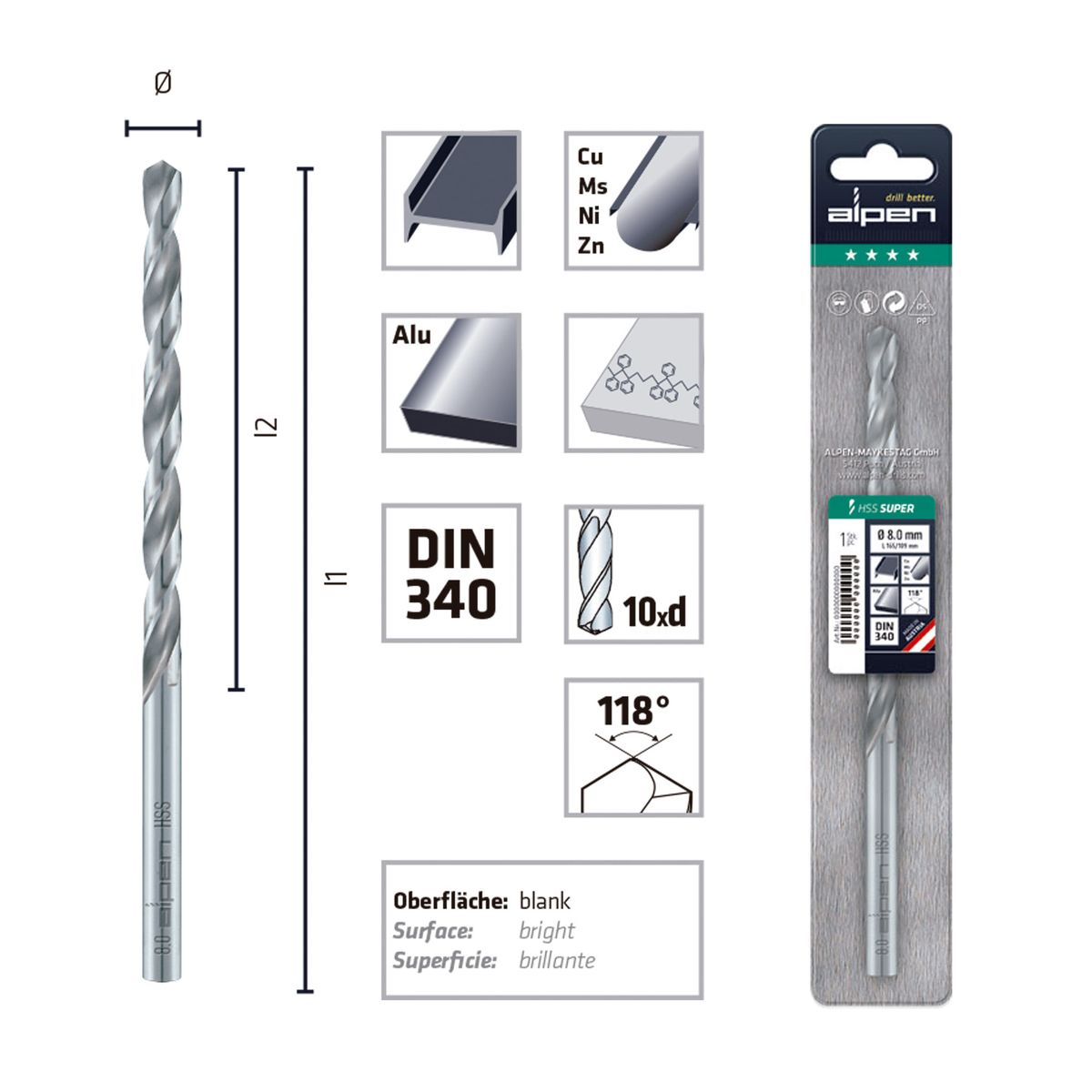 ALPEN - Broca Metal 3 mm Largo 100 mm HSS Super Serie Larga