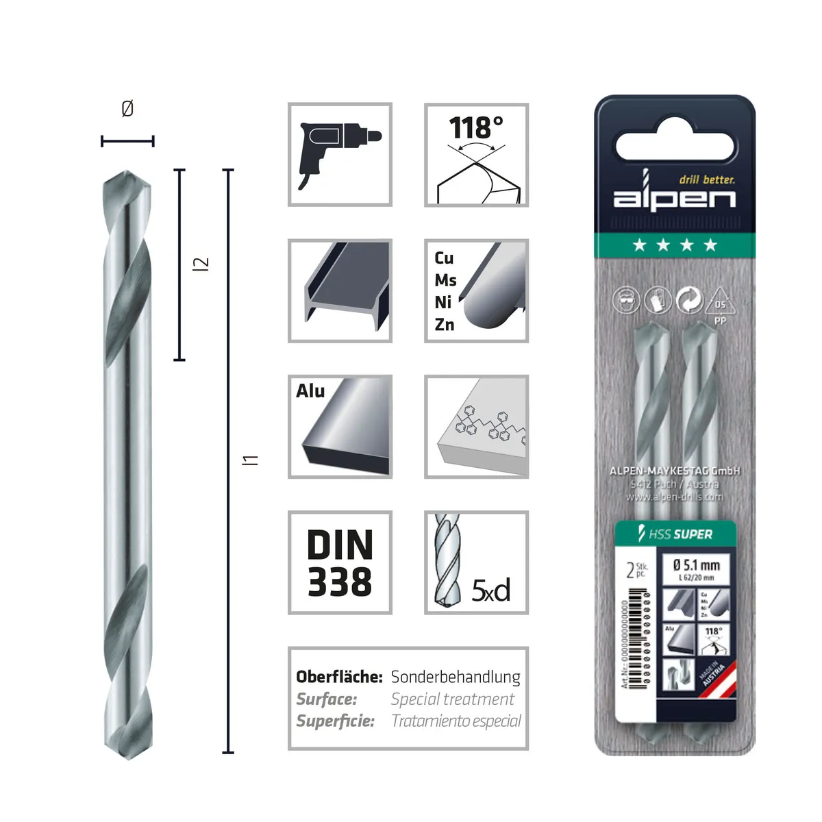 2 Brocas Dobles Metal 3.1 mm HSS Super Largo 49 mm, marca ALPEN - Foto 2