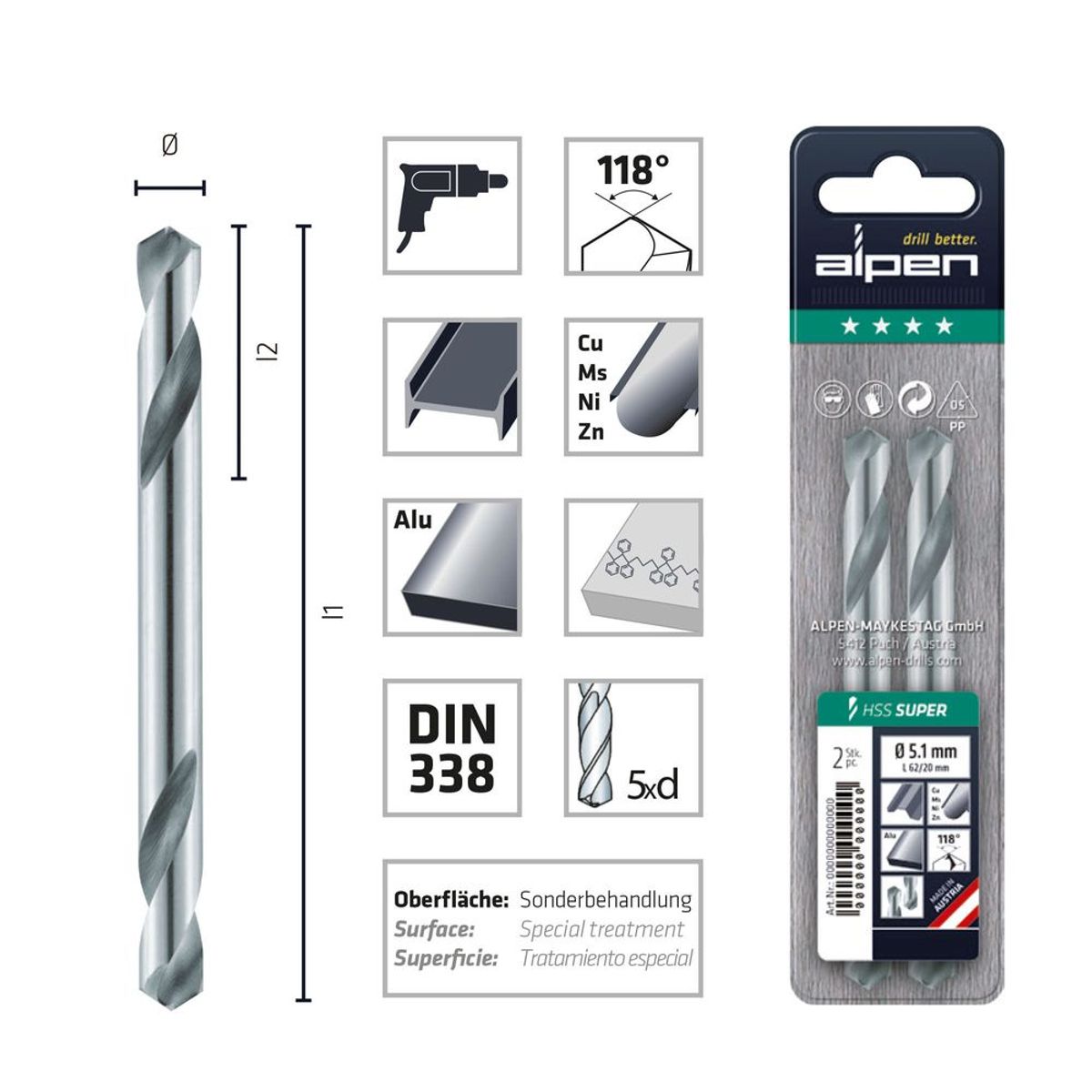 ALPEN - 2 Brocas Dobles Metal Doble 5.1 mm HSS Super Largo 62 mm