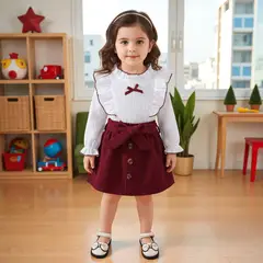 CHINA - Conjunto De 3 Prendas Para Niña Polera Manga Larga + Falda Y Cinturón Cotele Burdeo CJ118