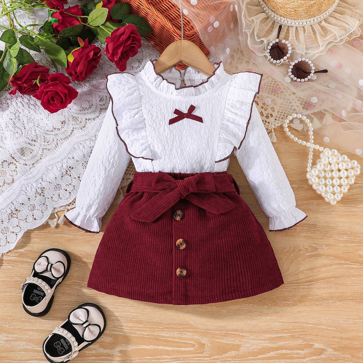 CHINA - Conjunto De 3 Prendas Para Niña Polera Manga Larga + Falda Y Cinturón Cotele Burdeo CJ118