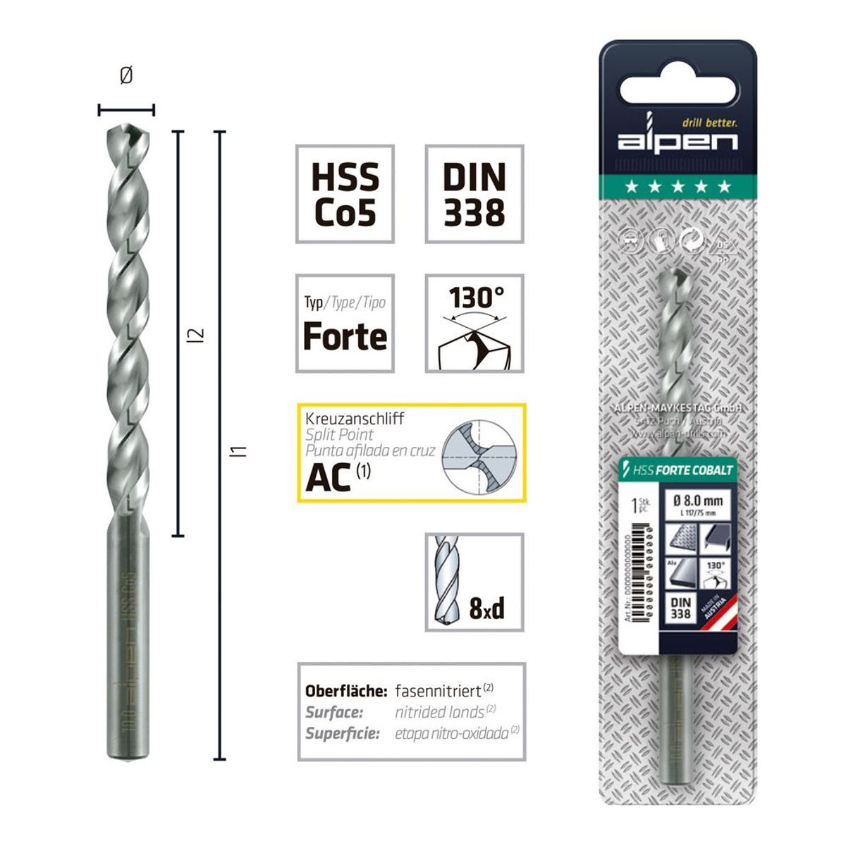 ALPEN - Broca Acero Inox 13.0 mm HSS Cobalto 5% Largo 151 mm