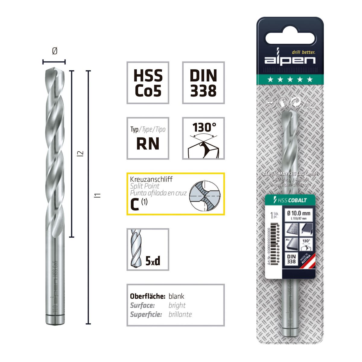 Broca Acero Inox 3.0 mm HSS Cobalto 5% Largo 61 mm, marca ALPEN - Foto 2