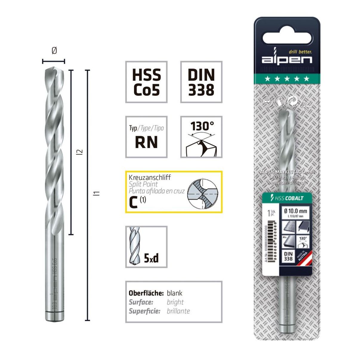 ALPEN - Broca Acero Inox 8.0 mm HSS Cobalto 5% Largo 117 mm