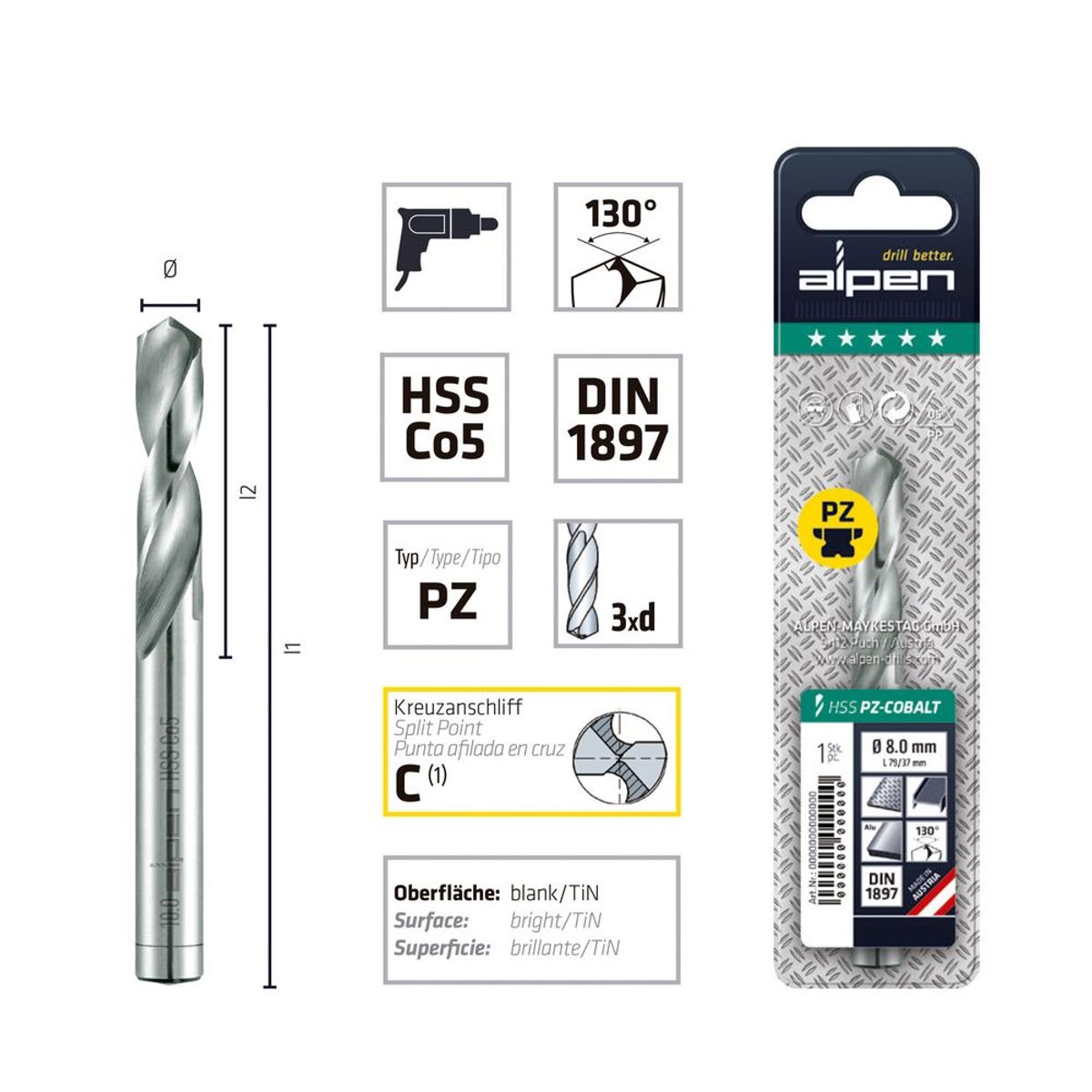 ALPEN - Broca Acero Inox 6.0 mm HSS Cobalto 5% Largo 66 mm